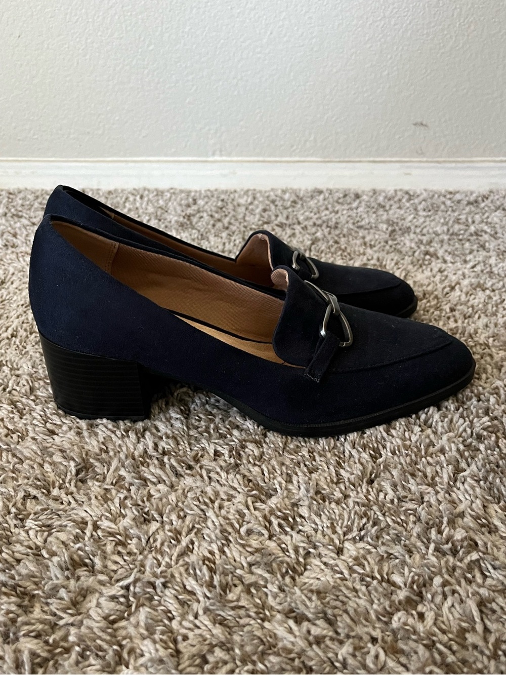 Life Stride Devyn 2 Navy Suede Block Heel Loafers Women's Size 10 Wide